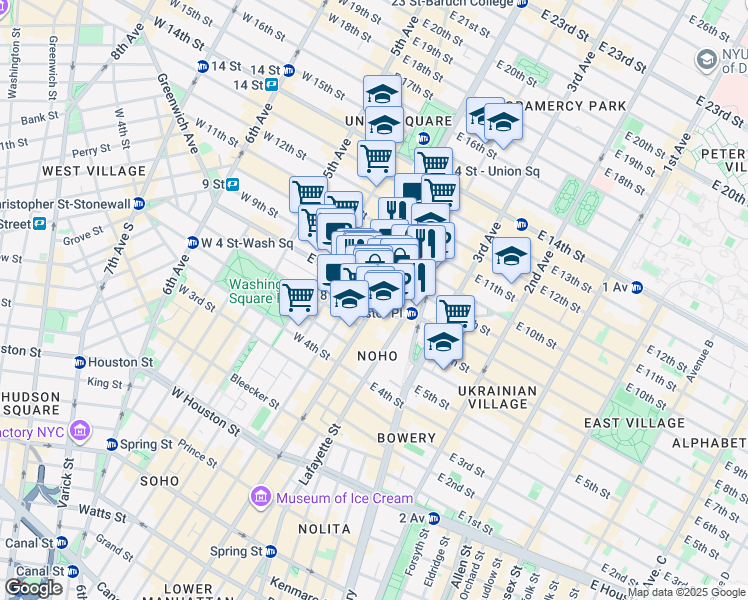 map of restaurants, bars, coffee shops, grocery stores, and more near 749 Broadway in New York