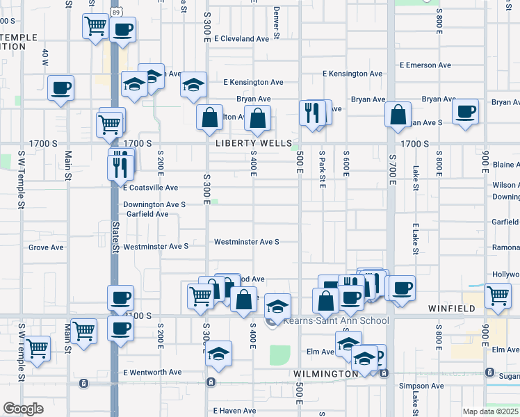 map of restaurants, bars, coffee shops, grocery stores, and more near 419 Downington Avenue South in Salt Lake City