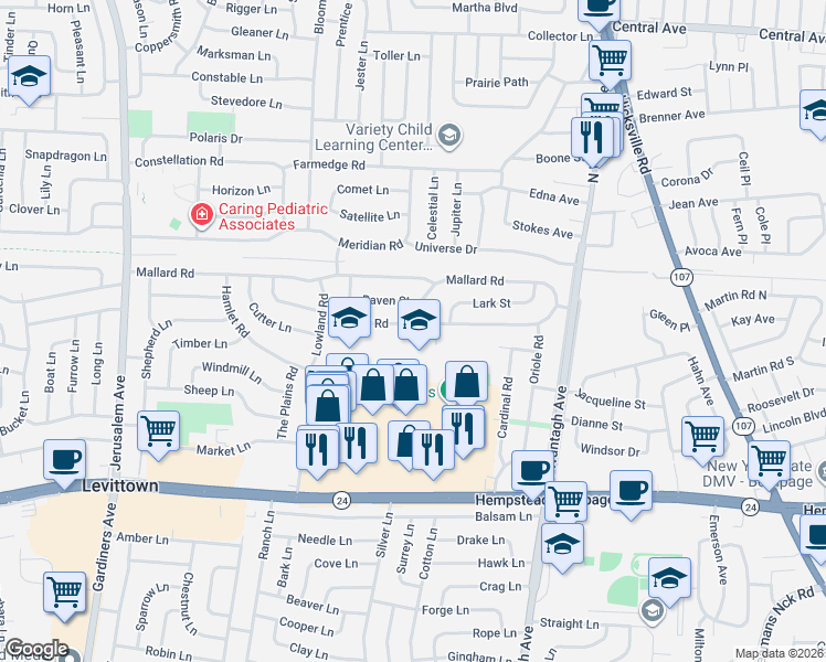 map of restaurants, bars, coffee shops, grocery stores, and more near 3581 Condor Road in Levittown