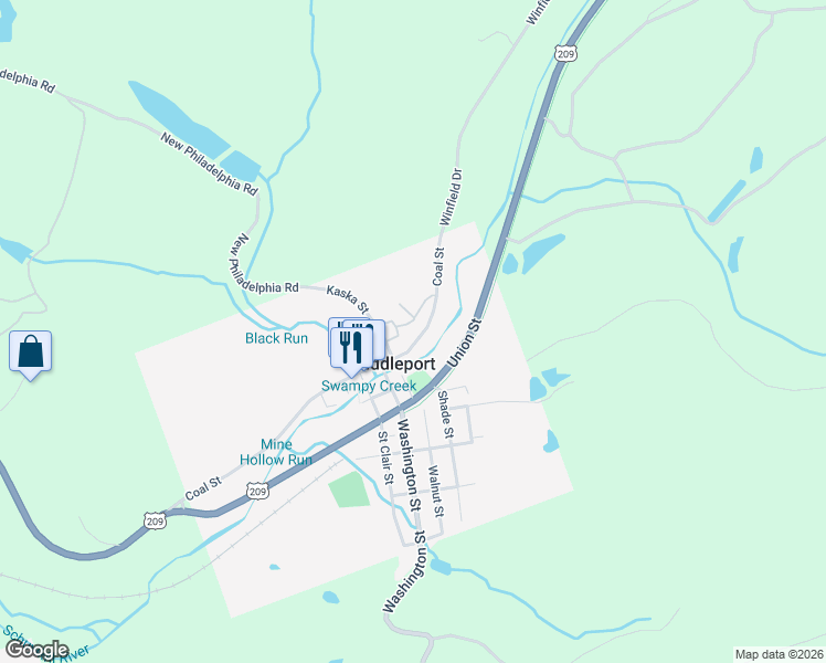 map of restaurants, bars, coffee shops, grocery stores, and more near 67 Coal Street in Pottsville