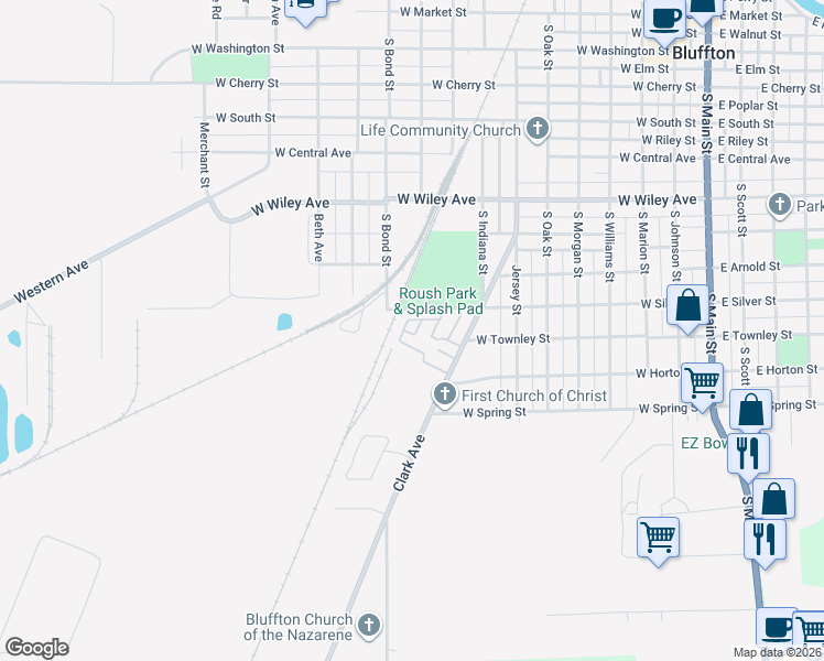 map of restaurants, bars, coffee shops, grocery stores, and more near 1102 West Silver Street in Bluffton