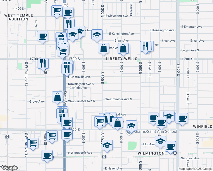 map of restaurants, bars, coffee shops, grocery stores, and more near 316 Downington Avenue South in Salt Lake City