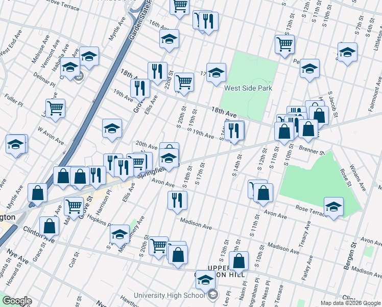 map of restaurants, bars, coffee shops, grocery stores, and more near 731 South 18th Street in Newark