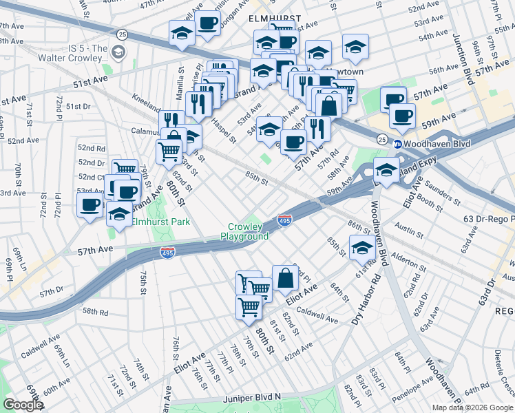 map of restaurants, bars, coffee shops, grocery stores, and more near 84th Street in Queens