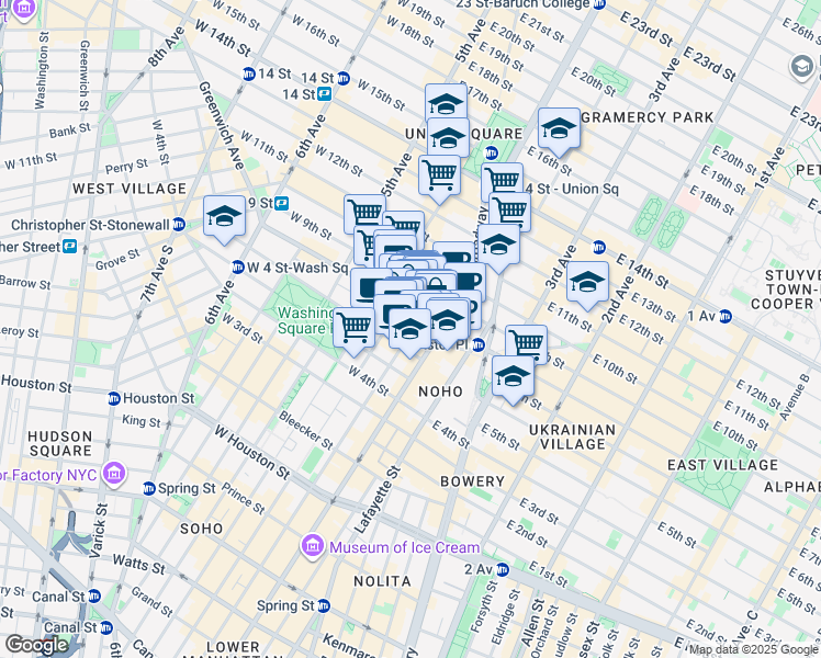 map of restaurants, bars, coffee shops, grocery stores, and more near 58 East 8th Street in New York