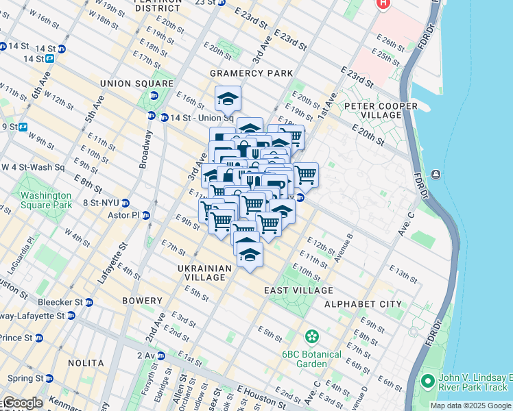map of restaurants, bars, coffee shops, grocery stores, and more near 337 East 12th Street in New York