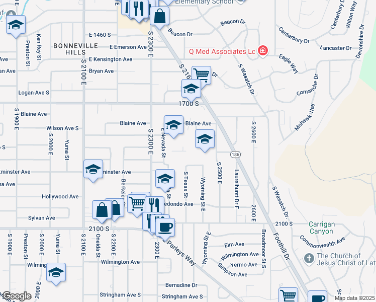 map of restaurants, bars, coffee shops, grocery stores, and more near 2375 Garfield Avenue in Salt Lake City