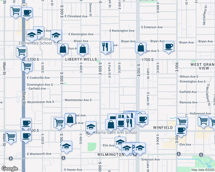 map of restaurants, bars, coffee shops, grocery stores, and more near 1804 Park Street East in Salt Lake City