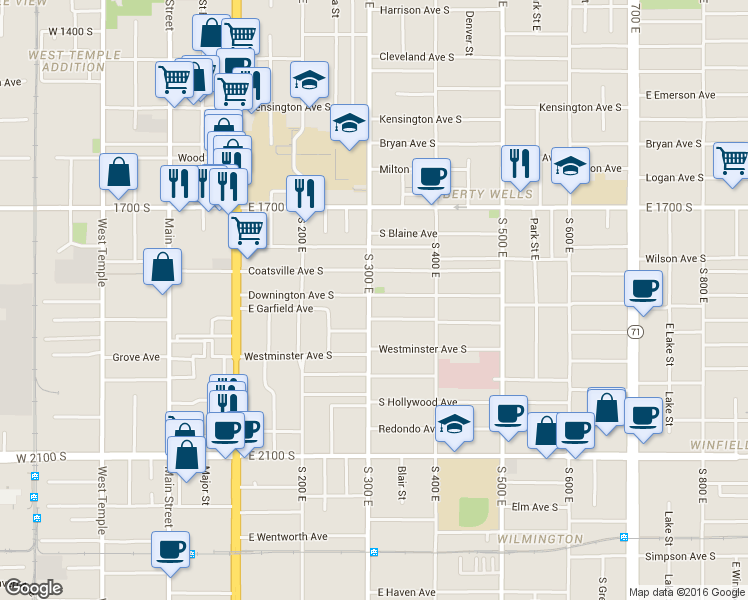 map of restaurants, bars, coffee shops, grocery stores, and more near 318 East Coatsville Avenue in Salt Lake City