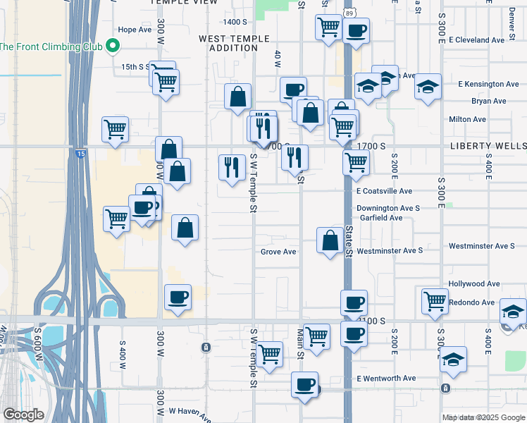 map of restaurants, bars, coffee shops, grocery stores, and more near 1798 South West Temple in Salt Lake City
