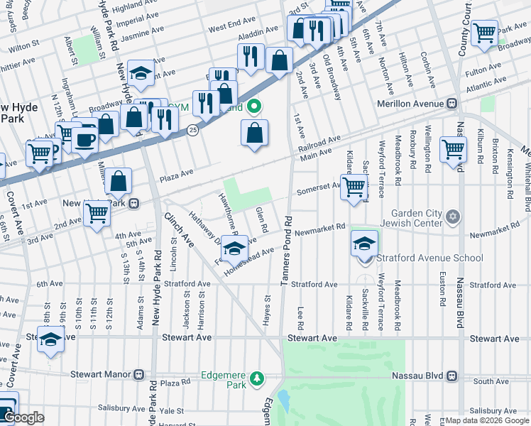 map of restaurants, bars, coffee shops, grocery stores, and more near 58 Colonial Avenue in Garden City