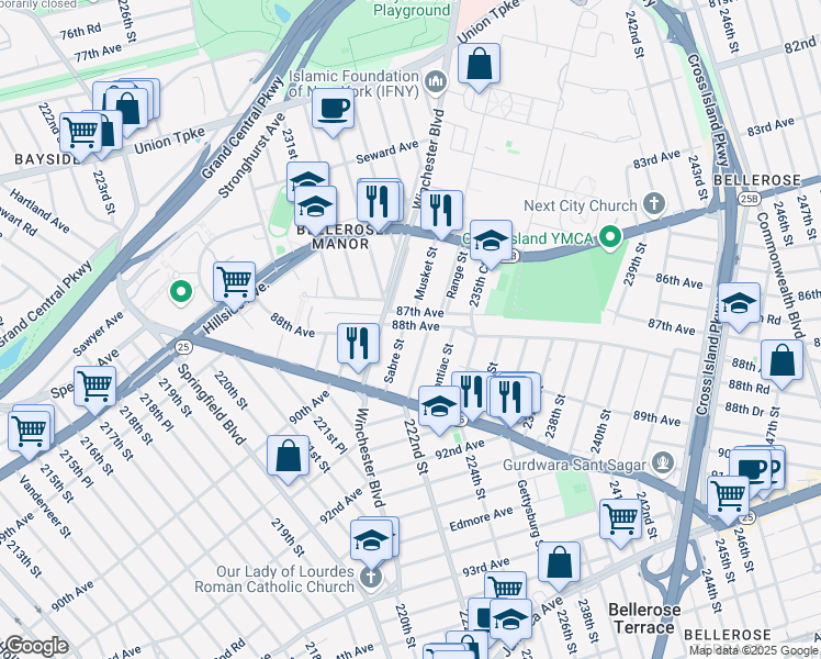 map of restaurants, bars, coffee shops, grocery stores, and more near 86 Musket Street in Queens