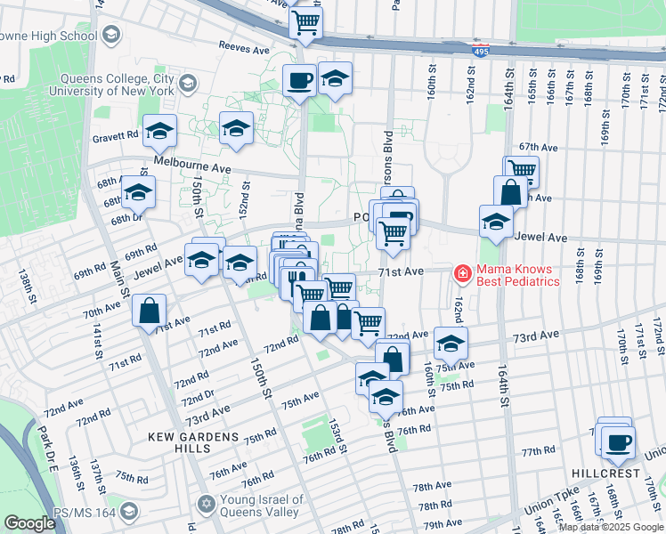 map of restaurants, bars, coffee shops, grocery stores, and more near 155-9 71st Avenue in Queens