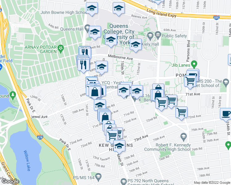 map of restaurants, bars, coffee shops, grocery stores, and more near 147-15 Jewel Avenue in Queens