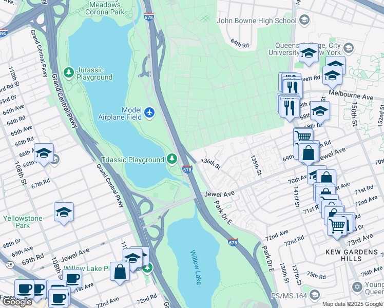 map of restaurants, bars, coffee shops, grocery stores, and more near 67-17 136th Street in Queens