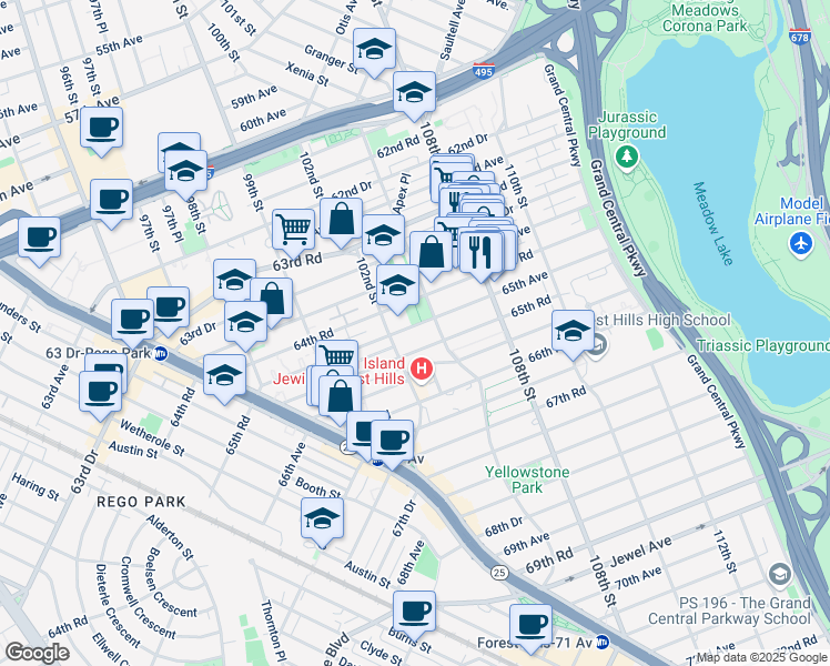 map of restaurants, bars, coffee shops, grocery stores, and more near 64-35 102nd Street in Queens