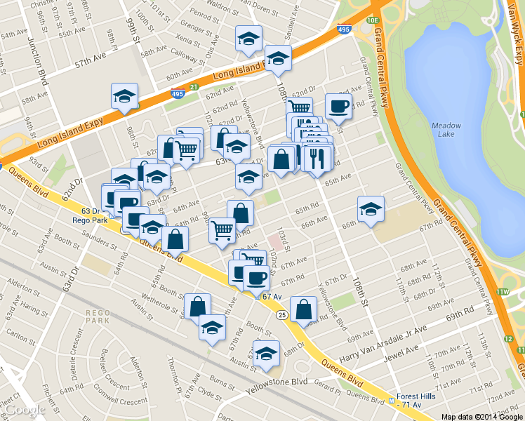 map of restaurants, bars, coffee shops, grocery stores, and more near 64-35 102nd Street in Queens