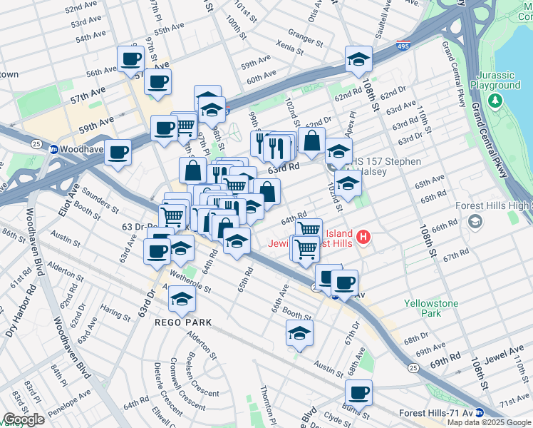 map of restaurants, bars, coffee shops, grocery stores, and more near 9851 64th Avenue in Queens