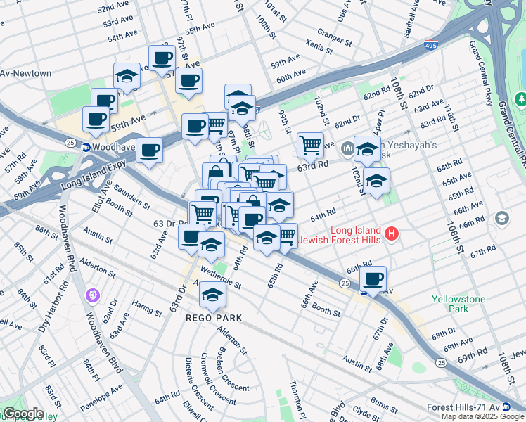 map of restaurants, bars, coffee shops, grocery stores, and more near 97-25 63rd Drive in Queens