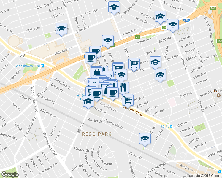 map of restaurants, bars, coffee shops, grocery stores, and more near 97-10 63rd Drive in Queens