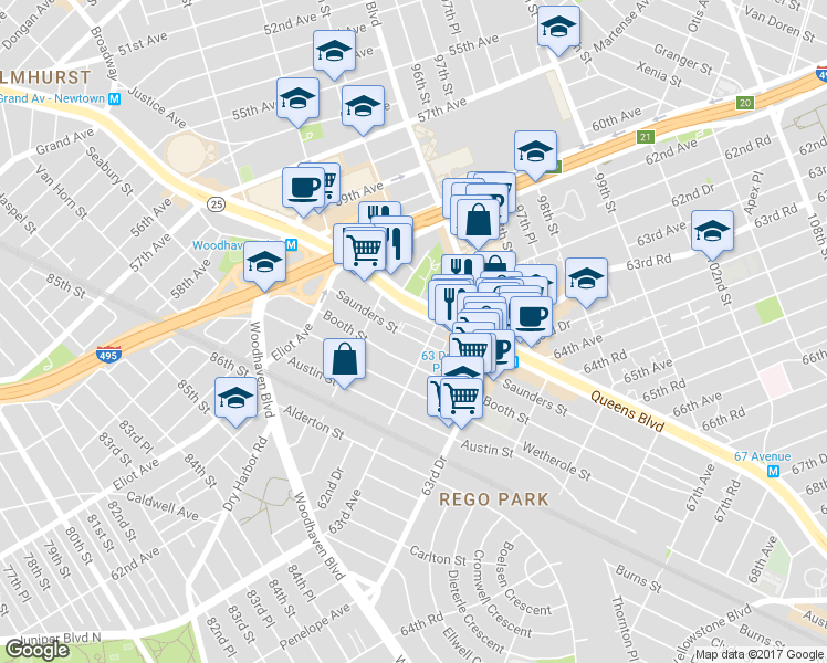 map of restaurants, bars, coffee shops, grocery stores, and more near 93-30 Queens Boulevard in Queens