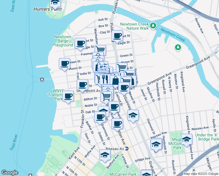 map of restaurants, bars, coffee shops, grocery stores, and more near 178 Greenpoint Avenue in Brooklyn