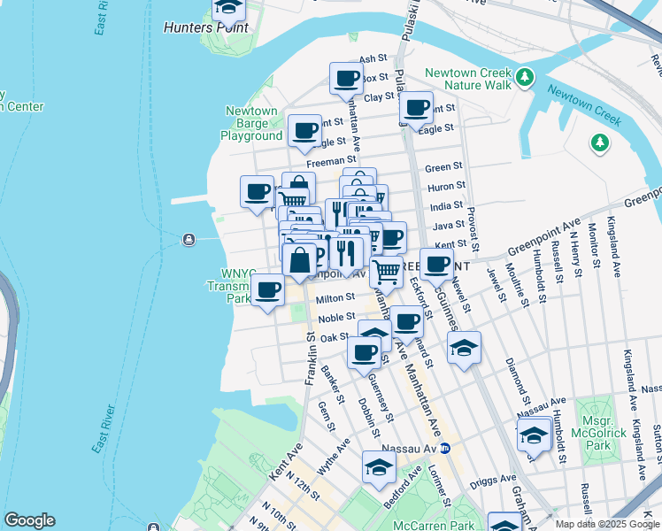map of restaurants, bars, coffee shops, grocery stores, and more near 127 Kent Street in Brooklyn