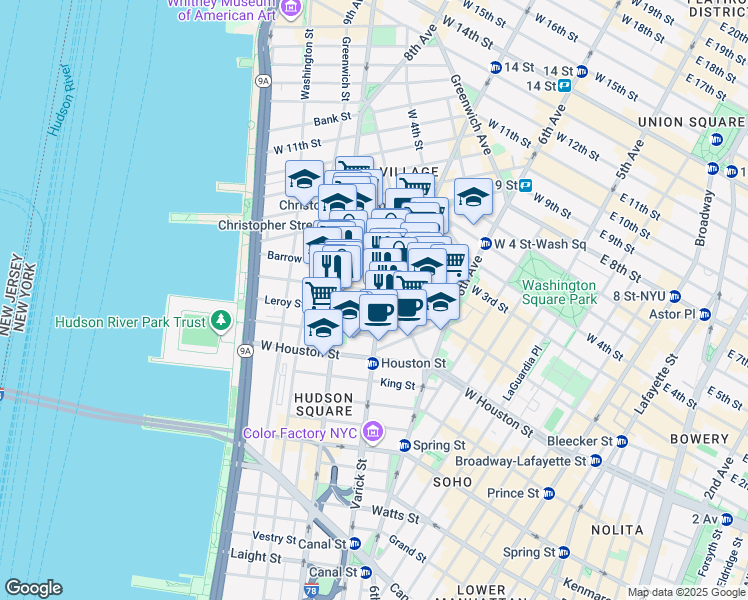 map of restaurants, bars, coffee shops, grocery stores, and more near 51 Morton Street in New York