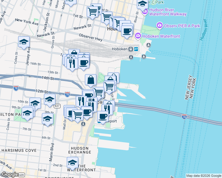 map of restaurants, bars, coffee shops, grocery stores, and more near 36 North Street in Jersey City