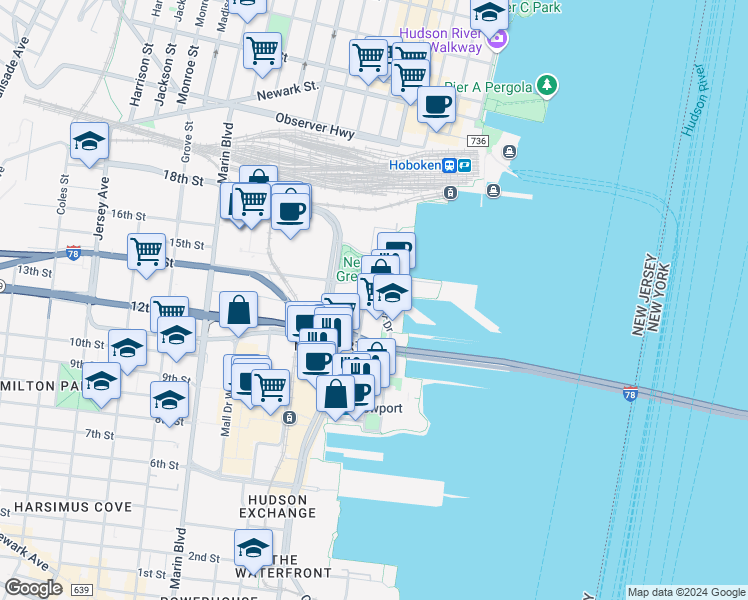 map of restaurants, bars, coffee shops, grocery stores, and more near 36 North Street in Jersey City