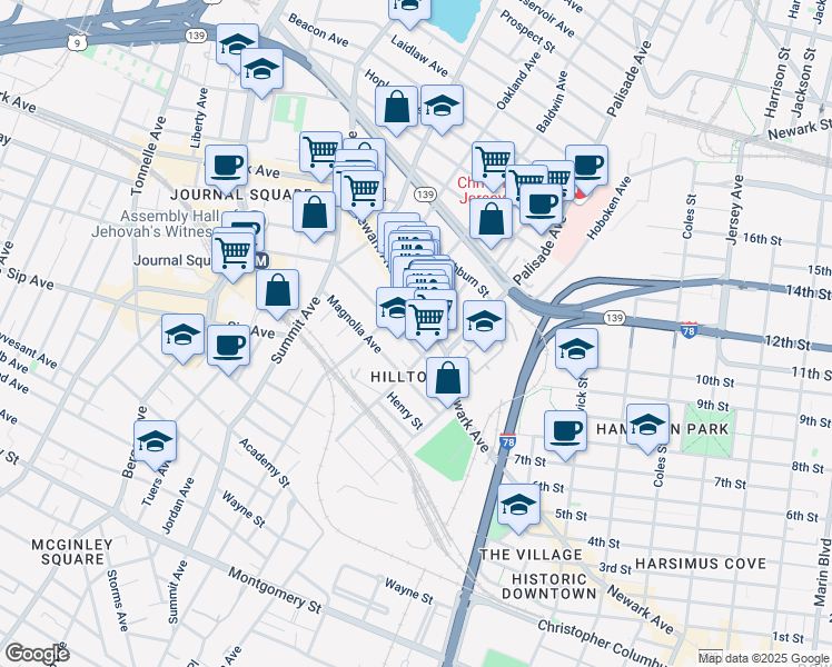 map of restaurants, bars, coffee shops, grocery stores, and more near in Jersey City