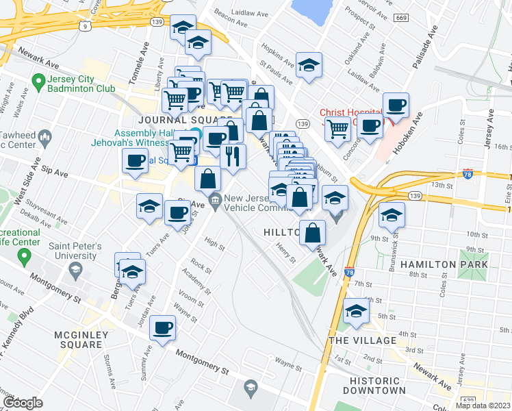 map of restaurants, bars, coffee shops, grocery stores, and more near 265 Baldwin Avenue in Jersey City