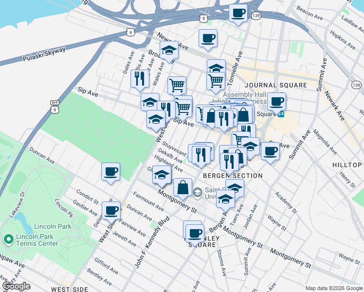 map of restaurants, bars, coffee shops, grocery stores, and more near 21 Van Wagenen Avenue in Jersey City