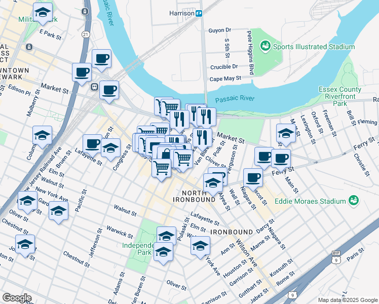 map of restaurants, bars, coffee shops, grocery stores, and more near 35 Adams Street in Newark