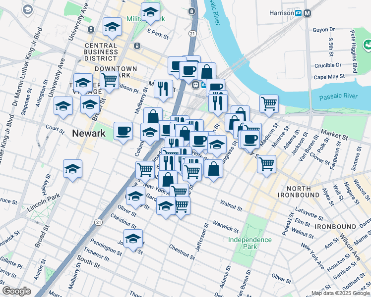 map of restaurants, bars, coffee shops, grocery stores, and more near 58 Bruen Street in Newark