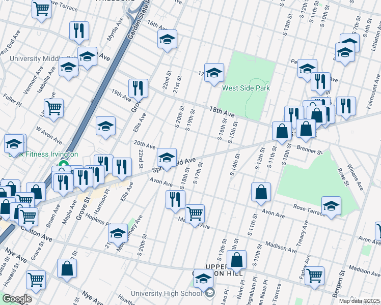 map of restaurants, bars, coffee shops, grocery stores, and more near 731 South 18th Street in Newark