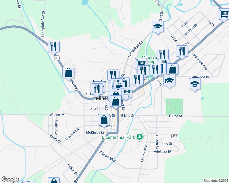 map of restaurants, bars, coffee shops, grocery stores, and more near 401 North Market Street in Minerva