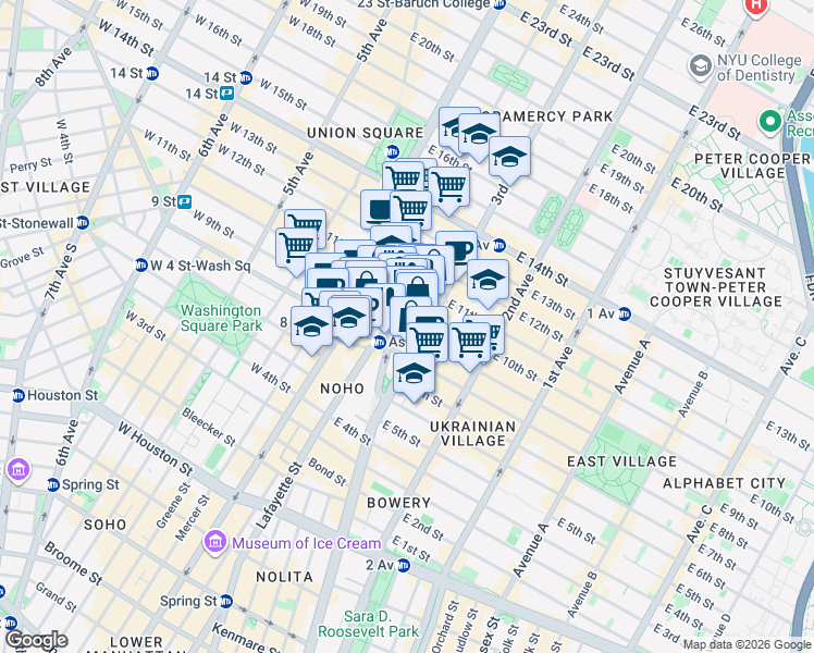 map of restaurants, bars, coffee shops, grocery stores, and more near 115 East 9th Street in New York