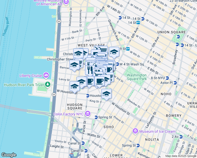 map of restaurants, bars, coffee shops, grocery stores, and more near 22 Leroy Street in New York