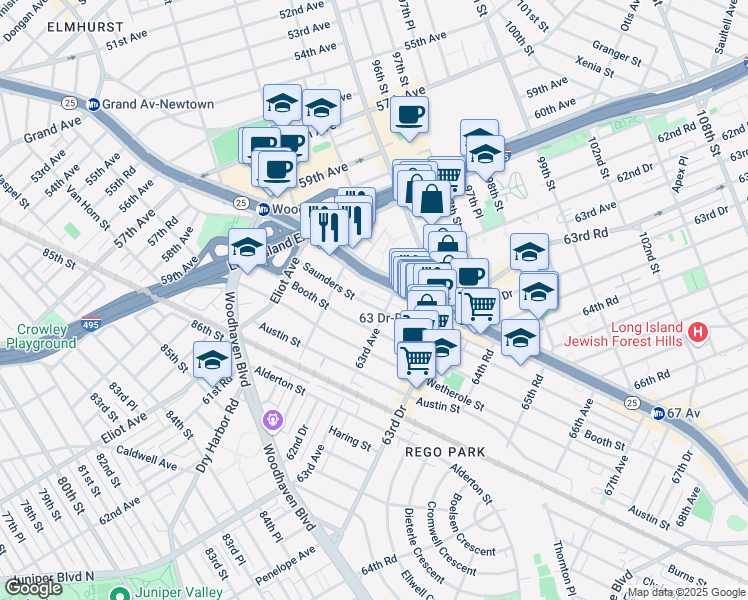 map of restaurants, bars, coffee shops, grocery stores, and more near 93-30 Queens Boulevard in Queens