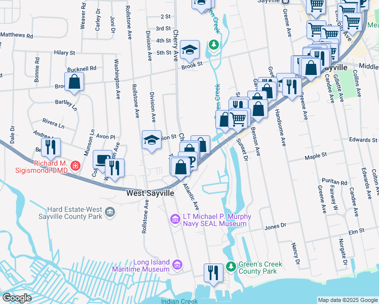 map of restaurants, bars, coffee shops, grocery stores, and more near 36 Cherry Avenue in West Sayville