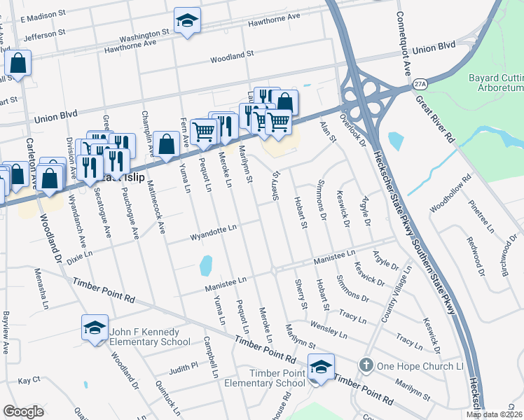 map of restaurants, bars, coffee shops, grocery stores, and more near 52 Marilynn Street in East Islip