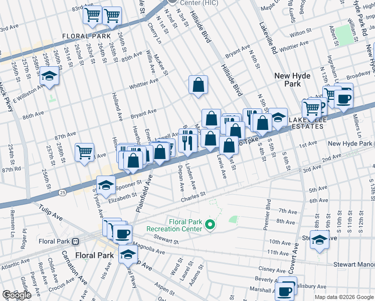 map of restaurants, bars, coffee shops, grocery stores, and more near 16 Barwick Street in Floral Park