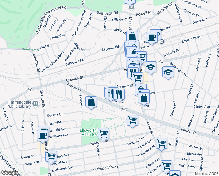map of restaurants, bars, coffee shops, grocery stores, and more near 165 Prospect Street in Farmingdale