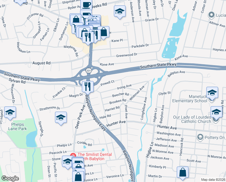 map of restaurants, bars, coffee shops, grocery stores, and more near 46 Irving Avenue in North Babylon
