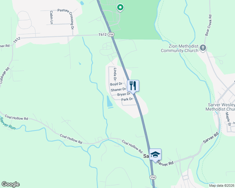 map of restaurants, bars, coffee shops, grocery stores, and more near 147 Shaner Drive in Sarver