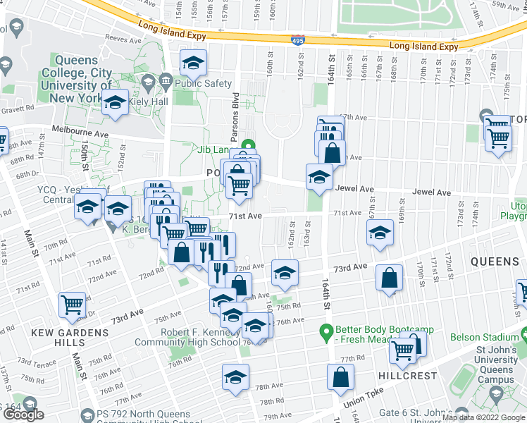map of restaurants, bars, coffee shops, grocery stores, and more near 159-25 71st Avenue in Queens