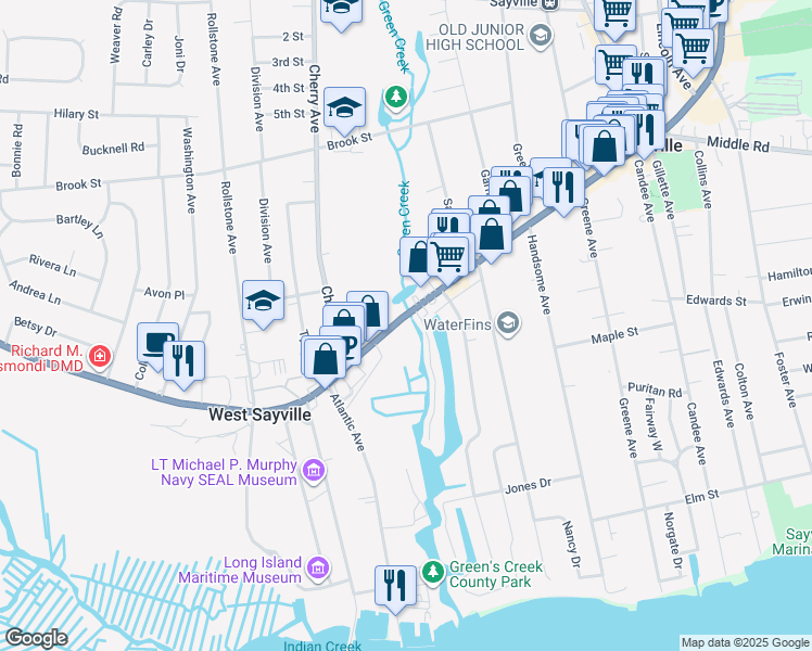 map of restaurants, bars, coffee shops, grocery stores, and more near 20 W Main St in West Sayville