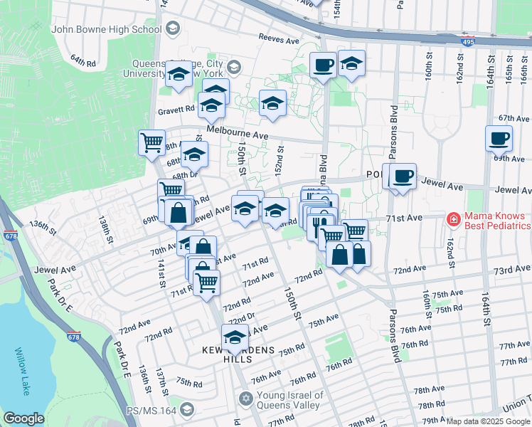 map of restaurants, bars, coffee shops, grocery stores, and more near 150-26 Jewel Avenue in Queens