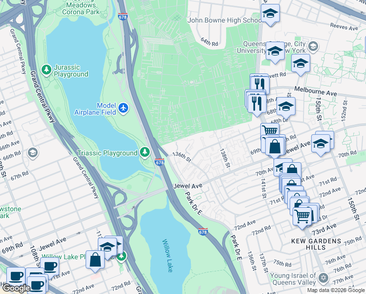 map of restaurants, bars, coffee shops, grocery stores, and more near 67-73 136th Street in Queens